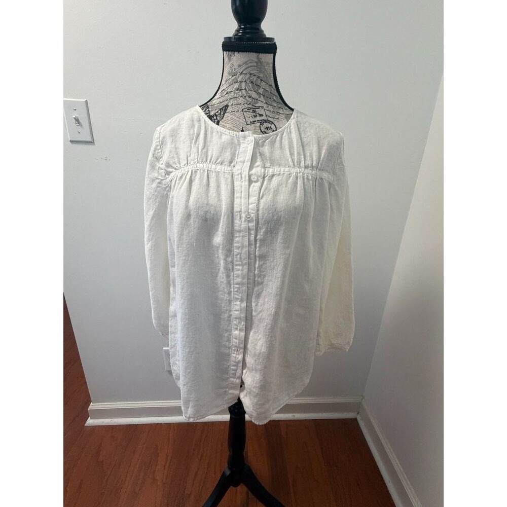 Talbots White 100% Linen Button Up Blouse Pintuck Pleated Peasant Top Women's XS
